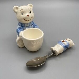 Vintage Ceramic Egg Cup Spoon Figural Teddy Bear‎ Childrens Taiwan